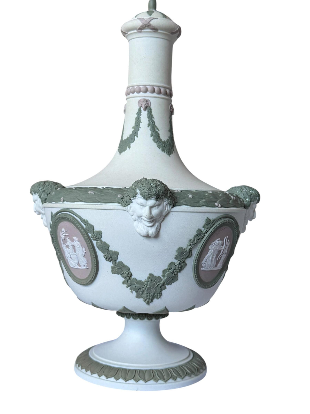 exclusive Wedgwood Tri-Color Jasperware Barber Bottle and Cover with Satyr Masks, Sage Green Lilac White, c. 1870 rare mantelpiece