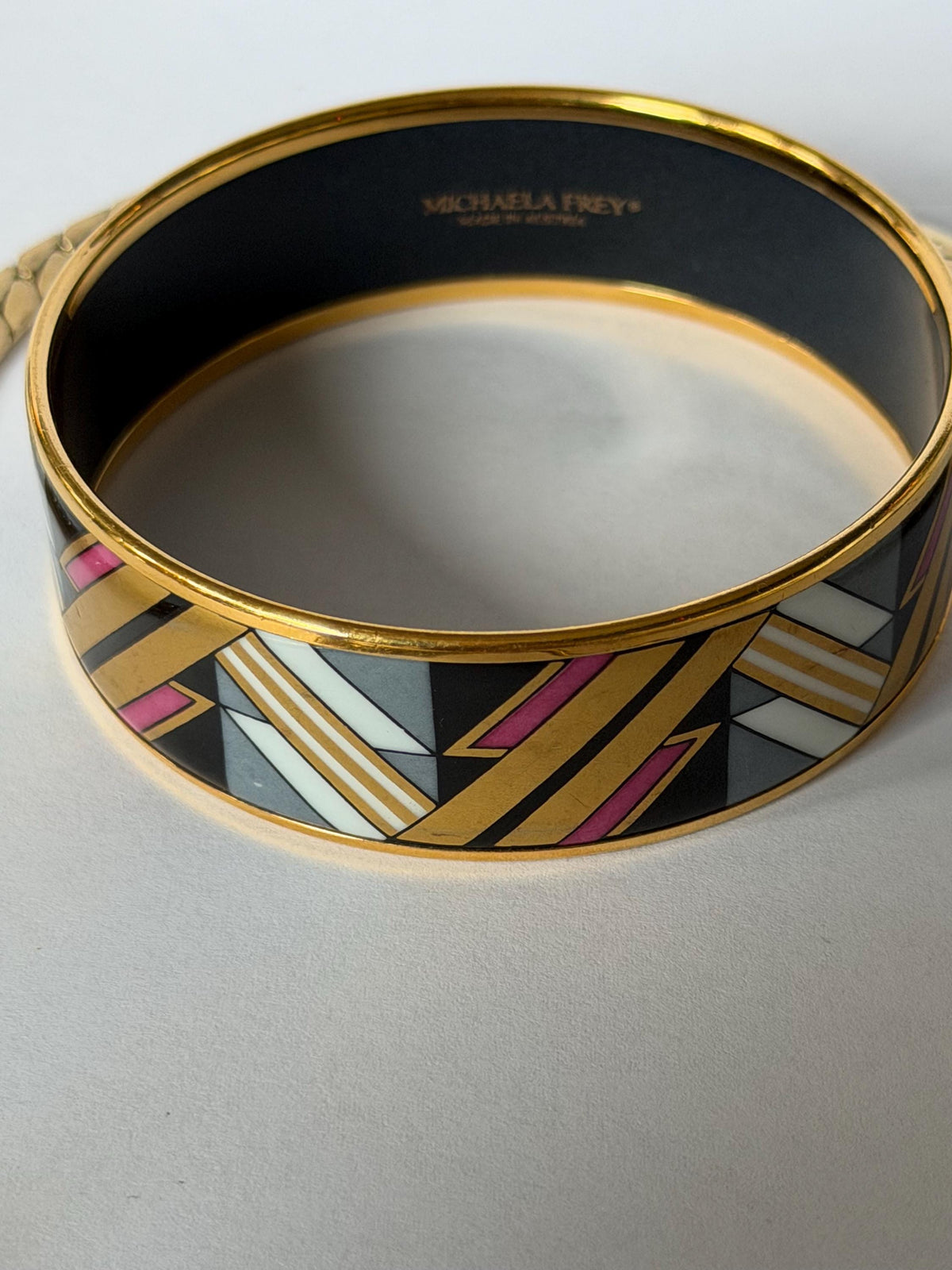 Michaela Frey Jewelry Set Necklace Bangle Earrings, Austrian Enamel, Art Deco Geometric, c. 1980’s geometrical Pop Art set
