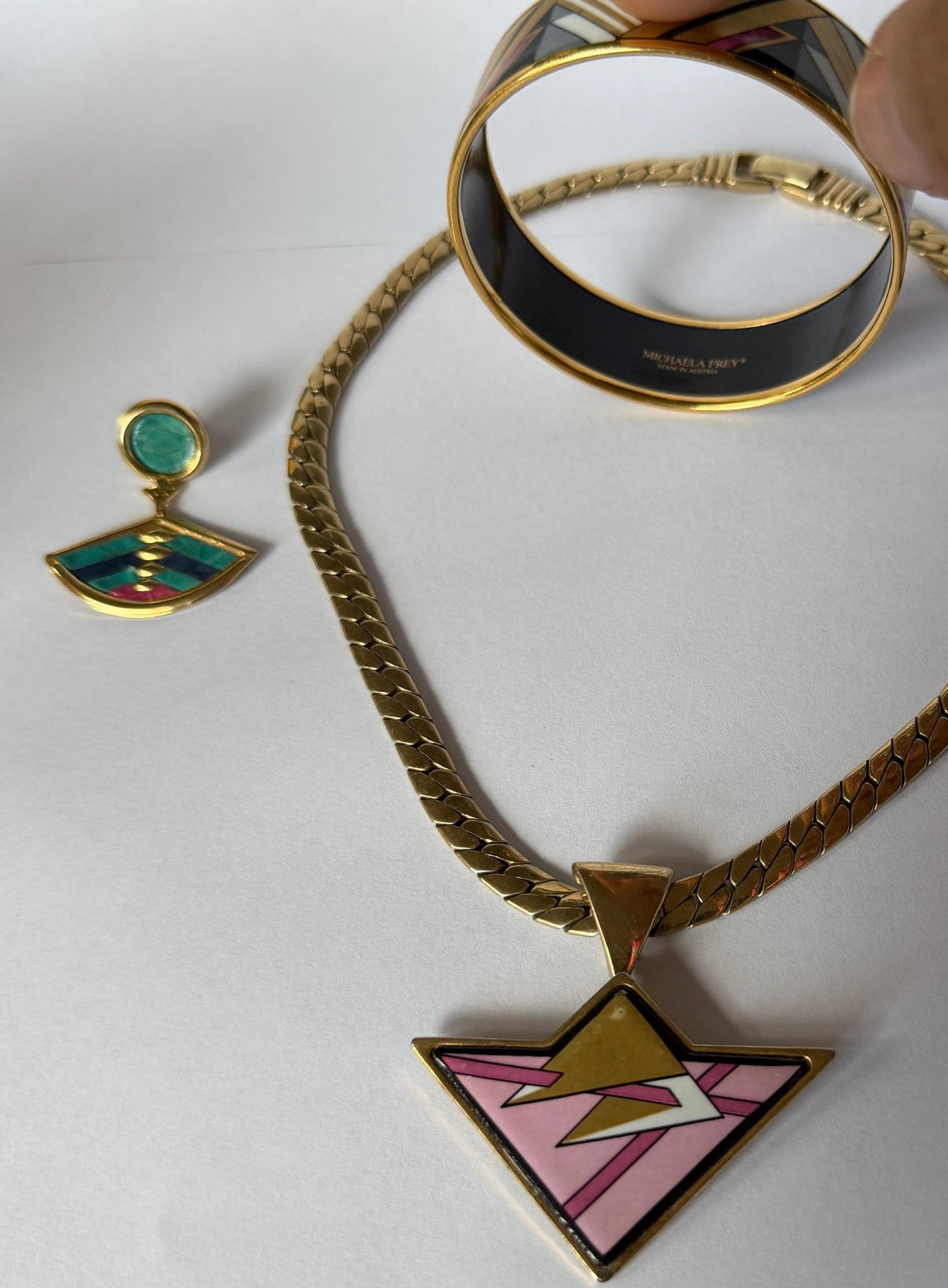 Michaela Frey Jewelry Set Necklace Bangle Earrings, Austrian Enamel, Art Deco Geometric, c. 1980’s geometrical Pop Art set