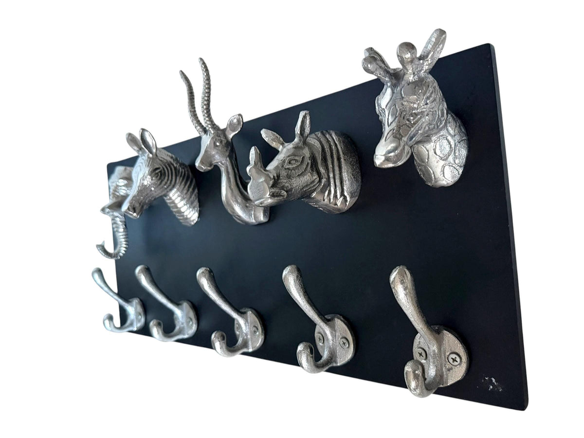 Safari Animal Wall Coat Rack, Elephant Zebra Giraffe Rhino Antelope, Black Silver, vintage kapstok