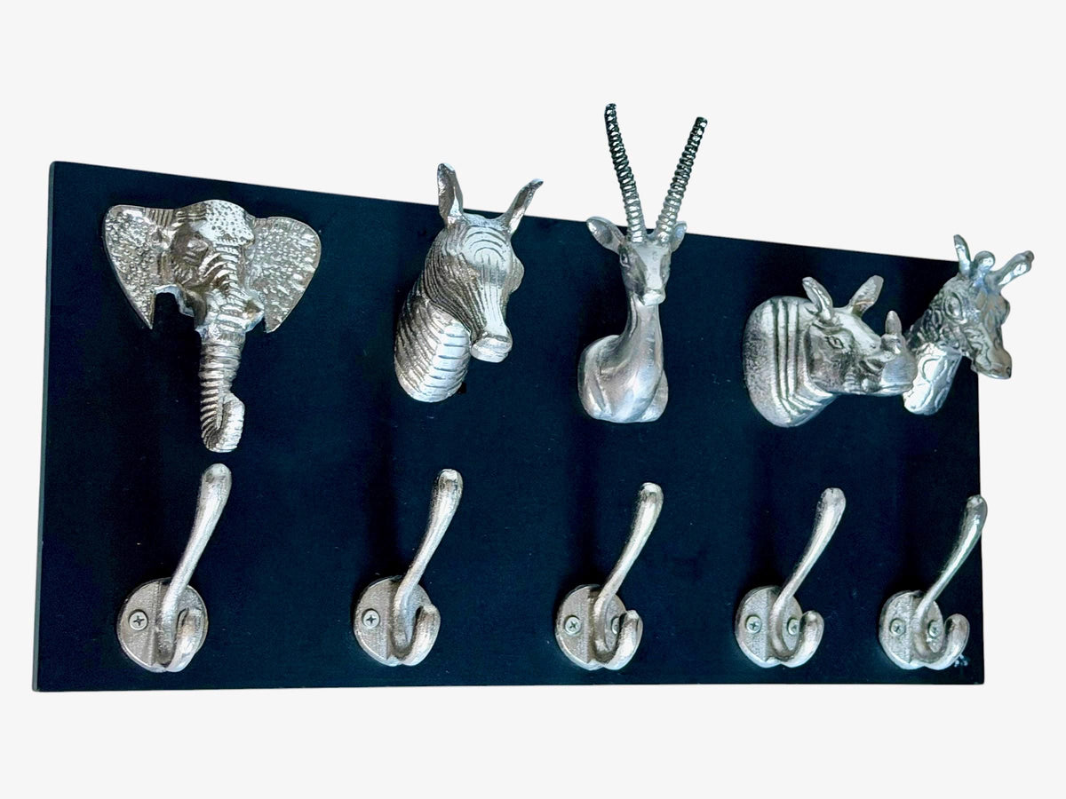 Safari Animal Wall Coat Rack, Elephant Zebra Giraffe Rhino Antelope, Black Silver, vintage kapstok
