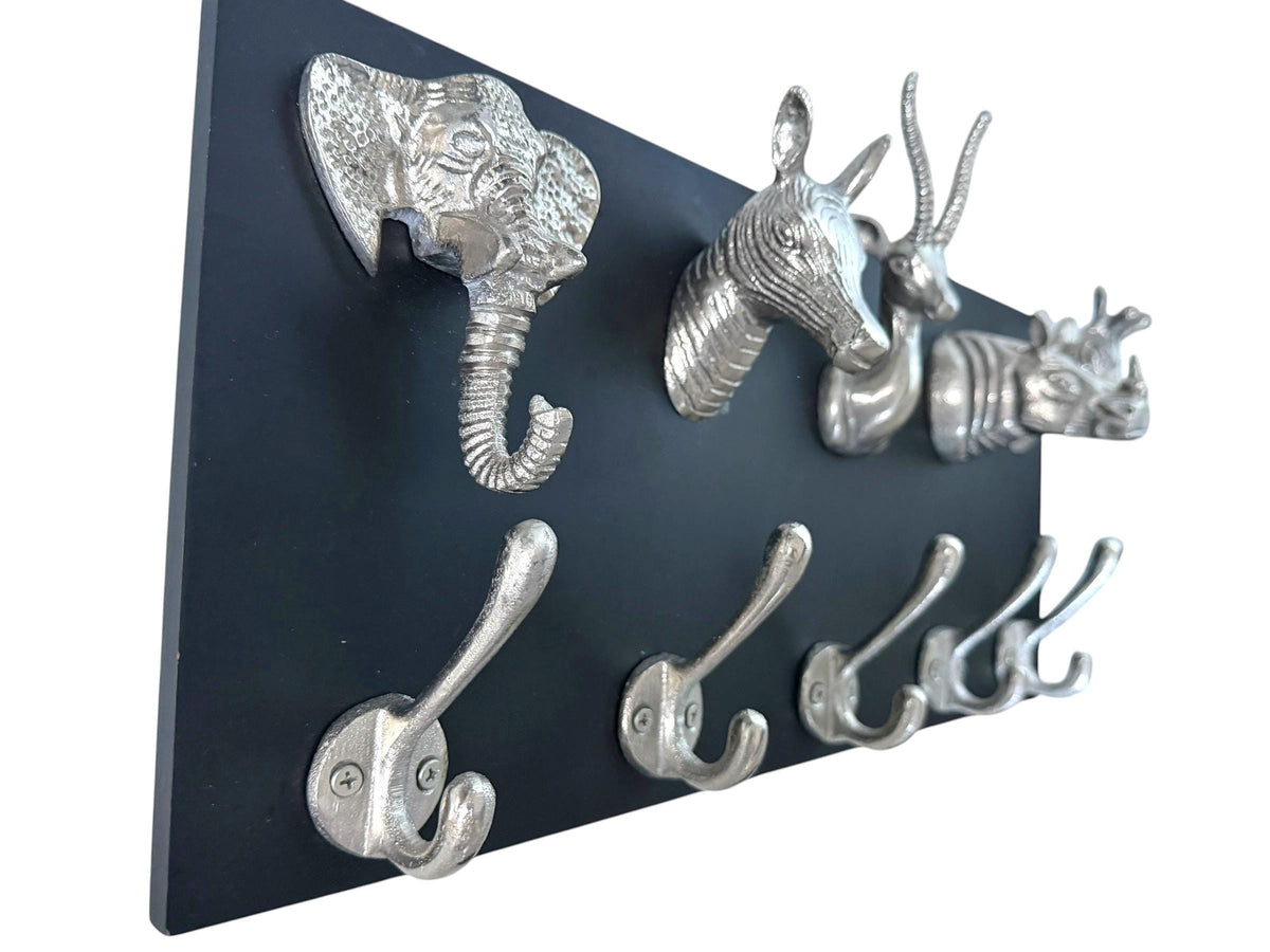 Safari Animal Wall Coat Rack, Elephant Zebra Giraffe Rhino Antelope, Black Silver, vintage kapstok