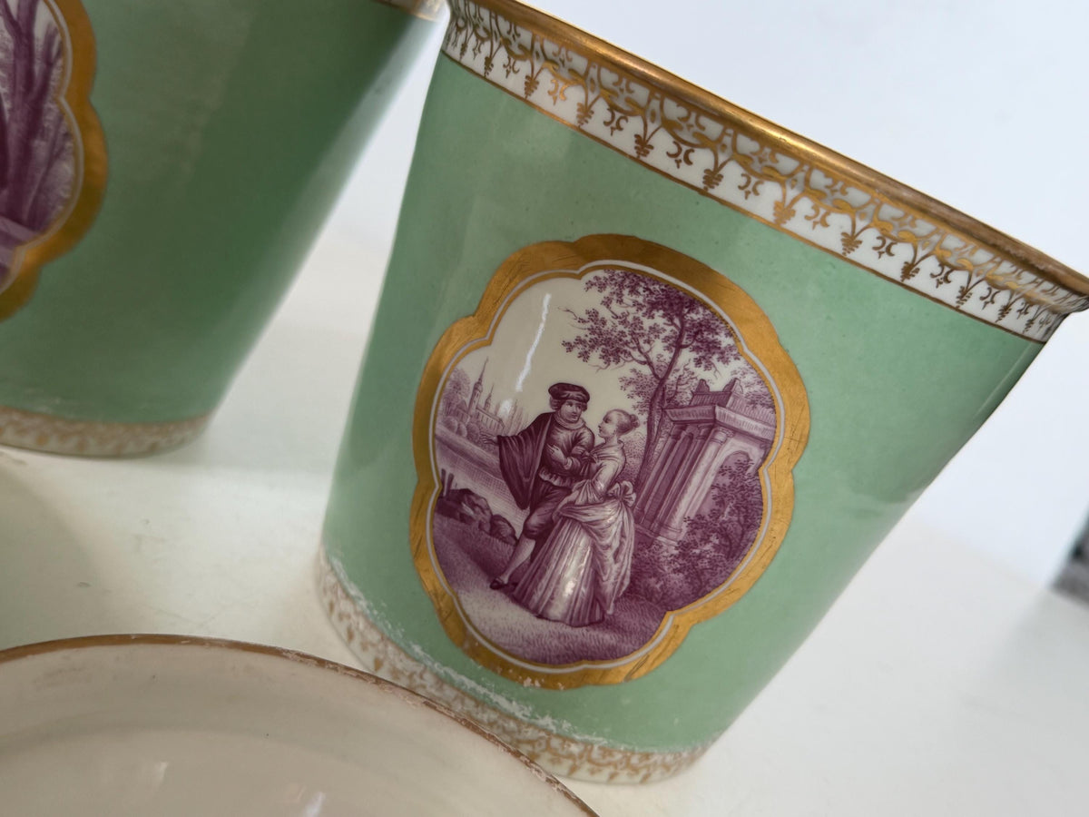 Meissen Porcelain Pair of antique Cachepots Jardinières with Saucers, Watteau Scenes, 19th Century planters