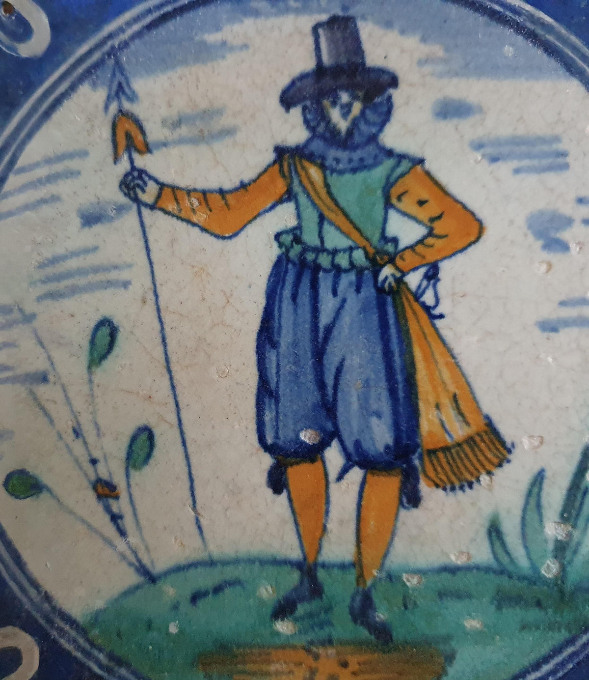 Early 17th-century Delft collectible tile, dated circa 1620, is decorated in polychrome and depicts a pikeman. Figuretile