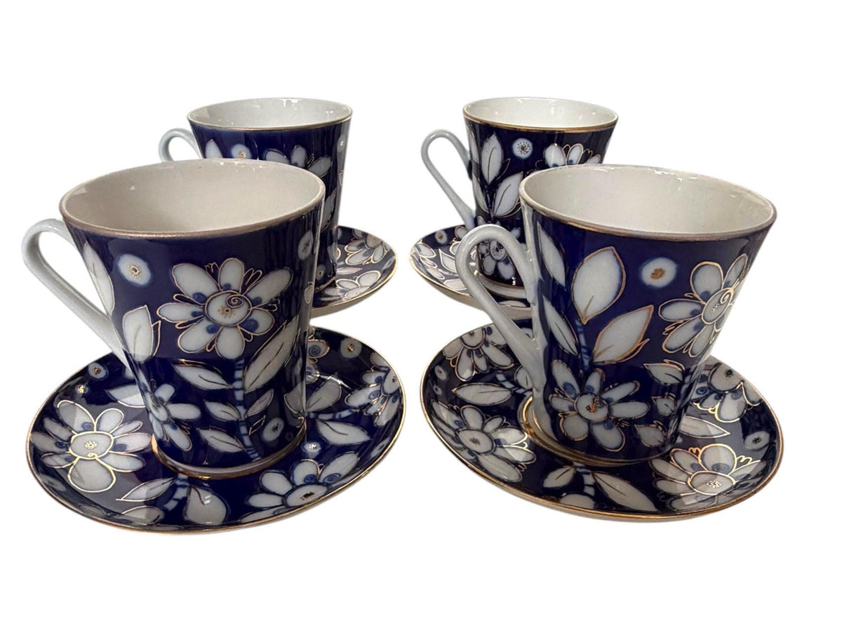 A set of 4 Vintage Lomonosov Large Cup and Saucer Cobalt Blue White Flowers 22K Gold porcelain, chocolate, tea cup xl tableware