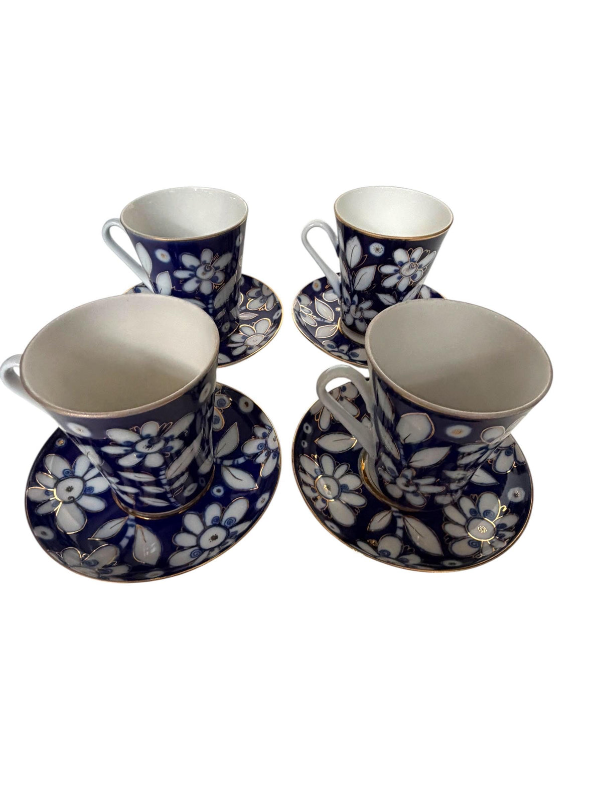 A set of 4 Vintage Lomonosov Large Cup and Saucer Cobalt Blue White Flowers 22K Gold porcelain, chocolate, tea cup xl tableware