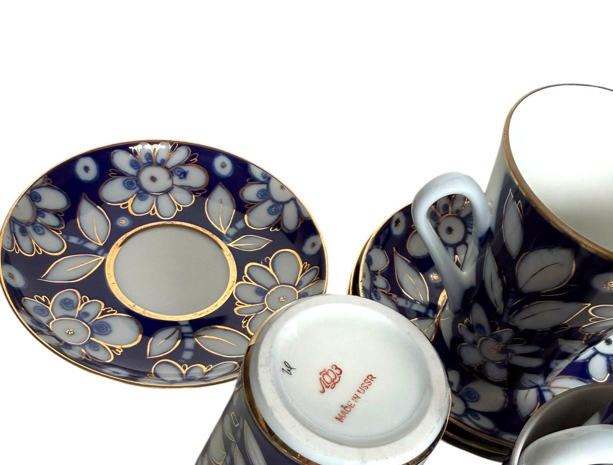 A set of 4 Vintage Lomonosov Large Cup and Saucer Cobalt Blue White Flowers 22K Gold porcelain, chocolate, tea cup xl tableware