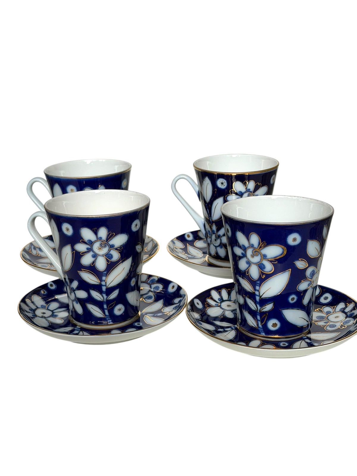 A set of 4 Vintage Lomonosov Large Cup and Saucer Cobalt Blue White Flowers 22K Gold porcelain, chocolate, tea cup xl tableware