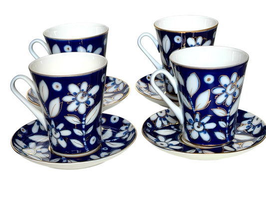 A set of 4 Vintage Lomonosov Large Cup and Saucer Cobalt Blue White Flowers 22K Gold porcelain, chocolate, tea cup xl tableware