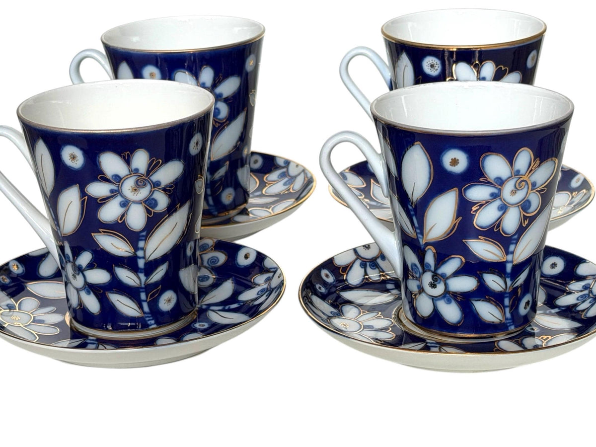 A set of 4 Vintage Lomonosov Large Cup and Saucer Cobalt Blue White Flowers 22K Gold porcelain, chocolate, tea cup xl tableware