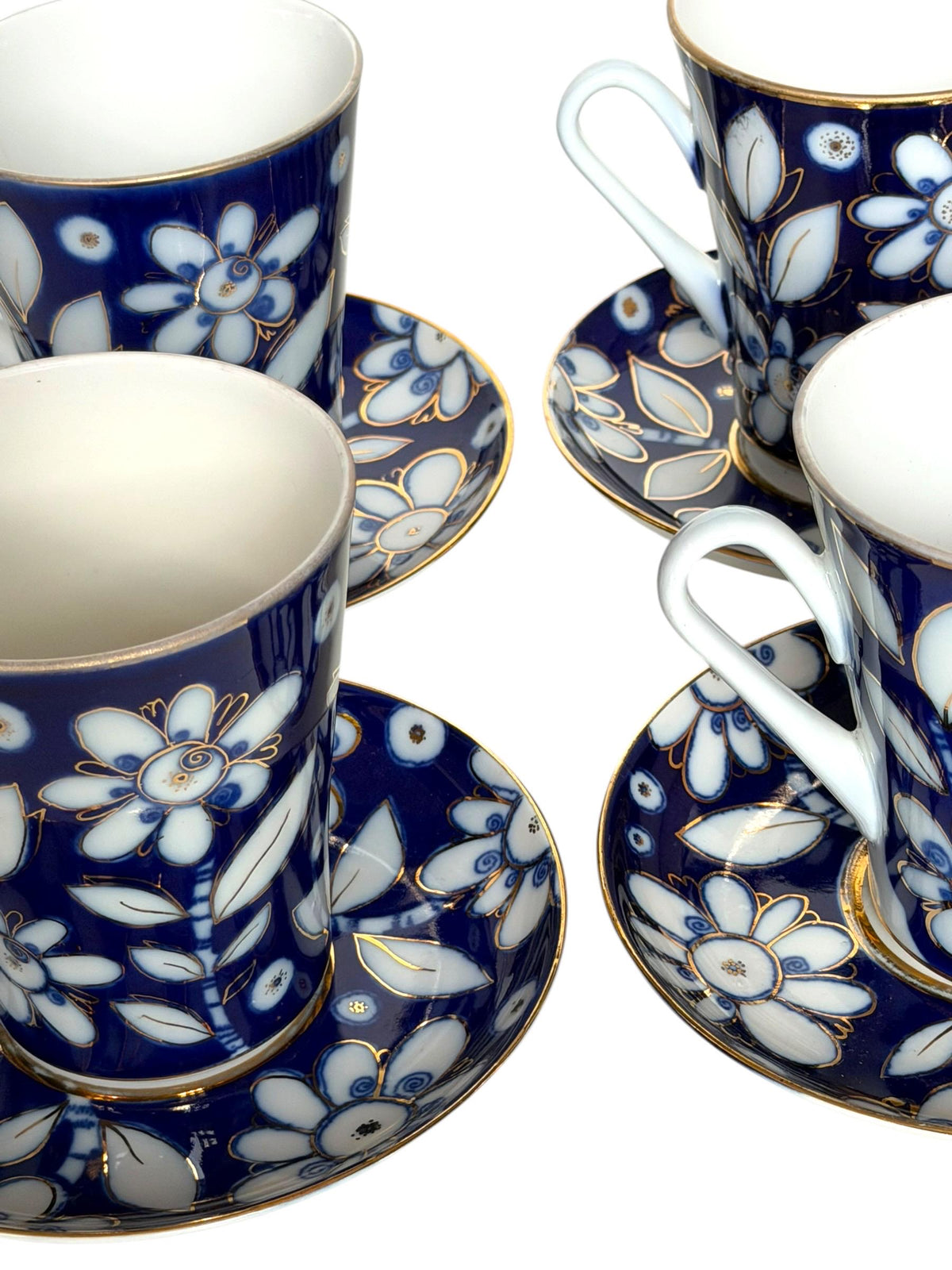A set of 4 Vintage Lomonosov Large Cup and Saucer Cobalt Blue White Flowers 22K Gold porcelain, chocolate, tea cup xl tableware