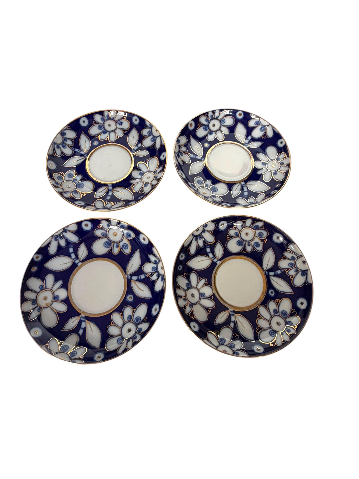 A set of 4 Vintage Lomonosov Large Cup and Saucer Cobalt Blue White Flowers 22K Gold porcelain, chocolate, tea cup xl tableware