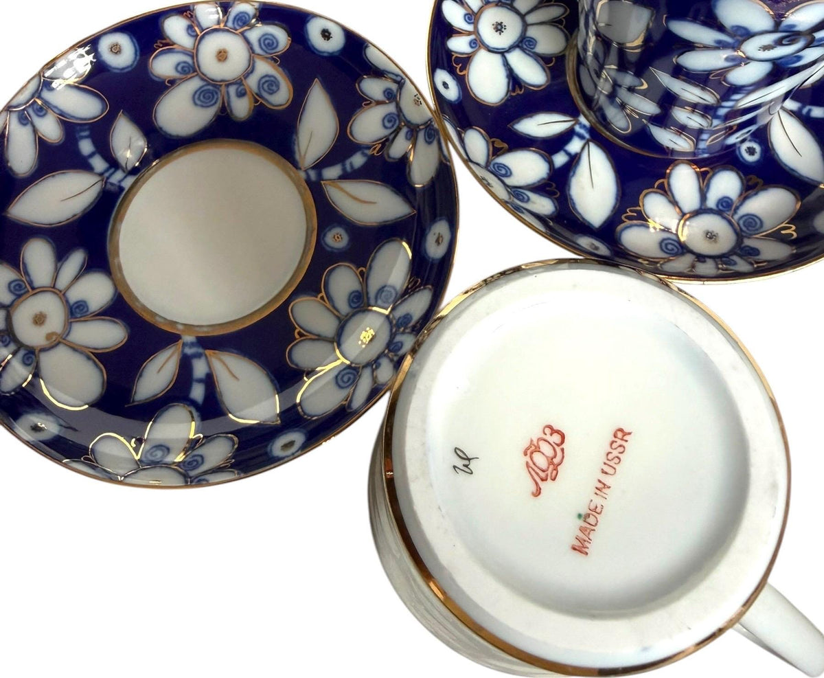 A set of 4 Vintage Lomonosov Large Cup and Saucer Cobalt Blue White Flowers 22K Gold porcelain, chocolate, tea cup xl tableware