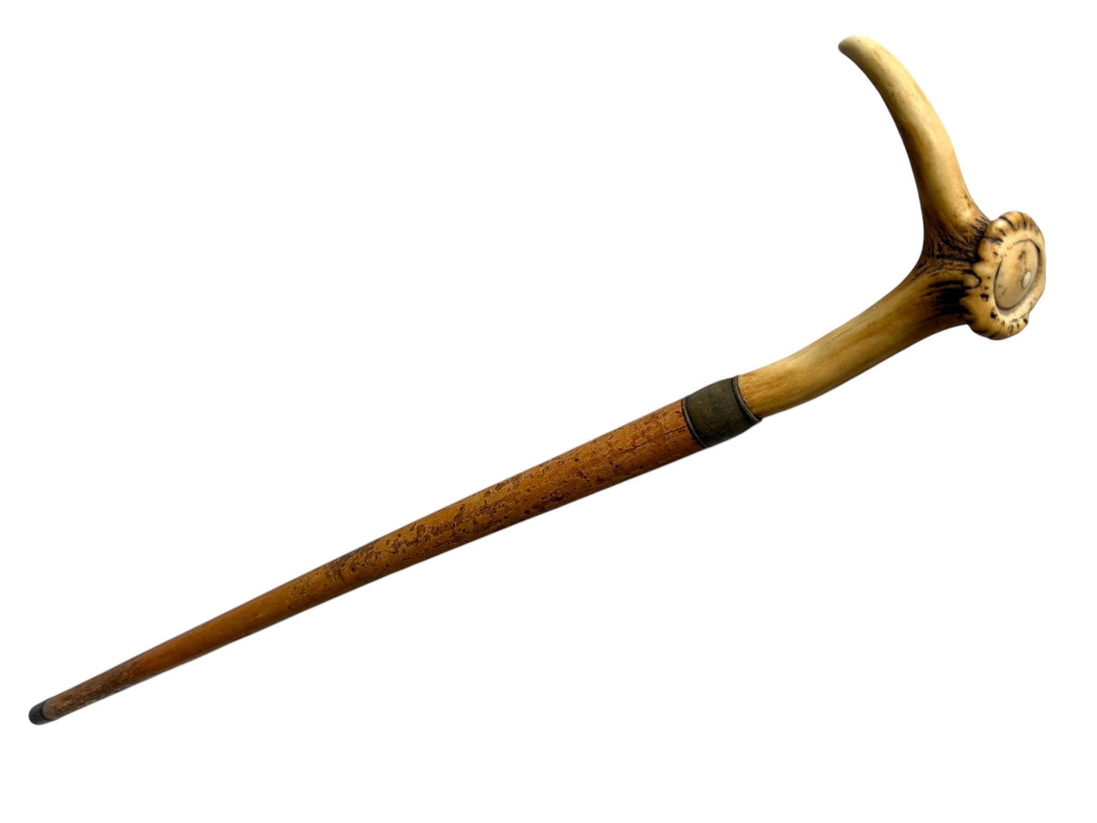 antique cane Bavarian walking stick with deer antlers, european collection, flannel stick.