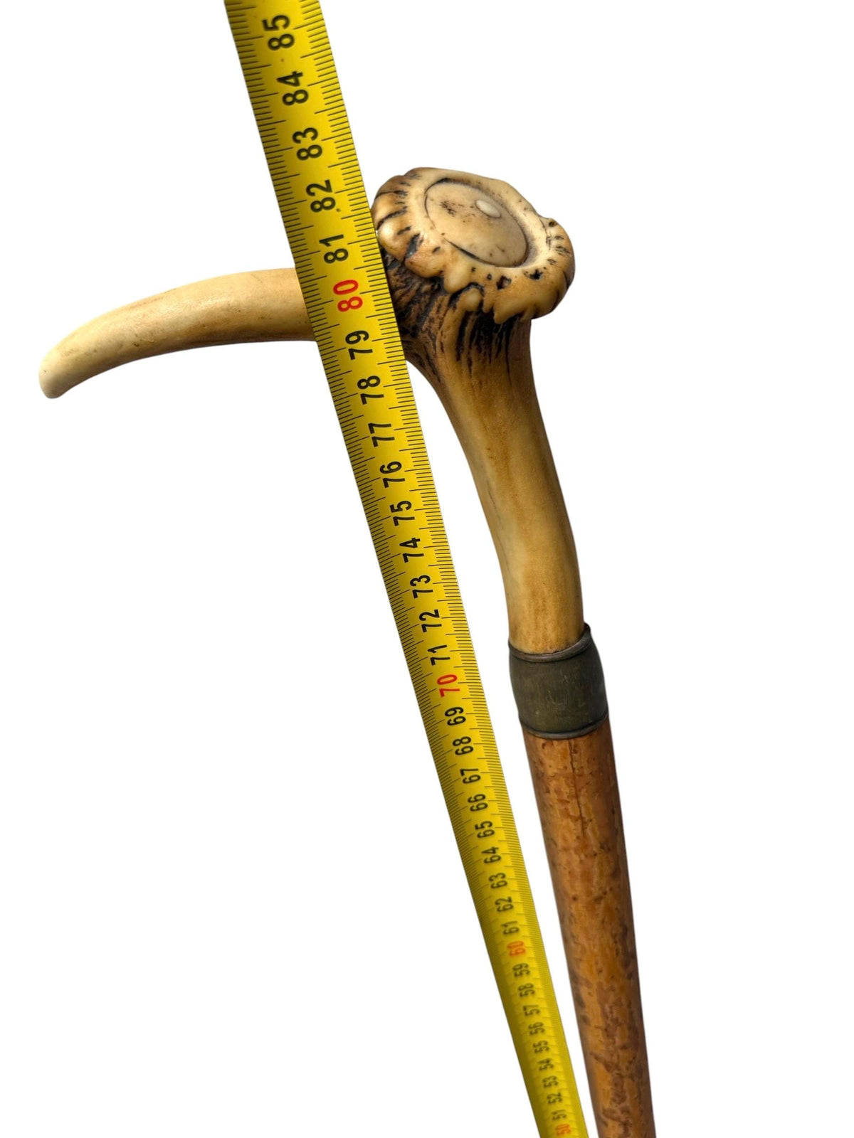 antique cane Bavarian walking stick with deer antlers, european collection, flannel stick.