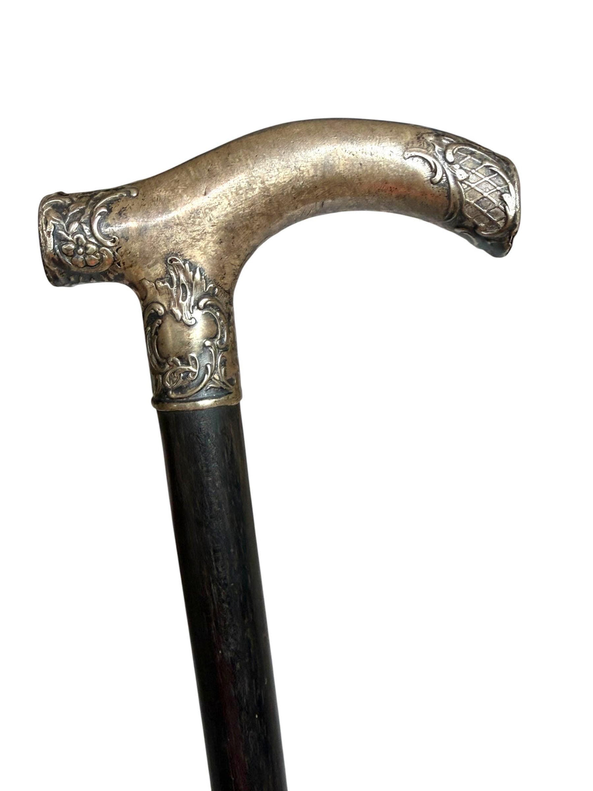 antique walking cane stick with  silver, marked, european collection, gentlemen's flannel stick