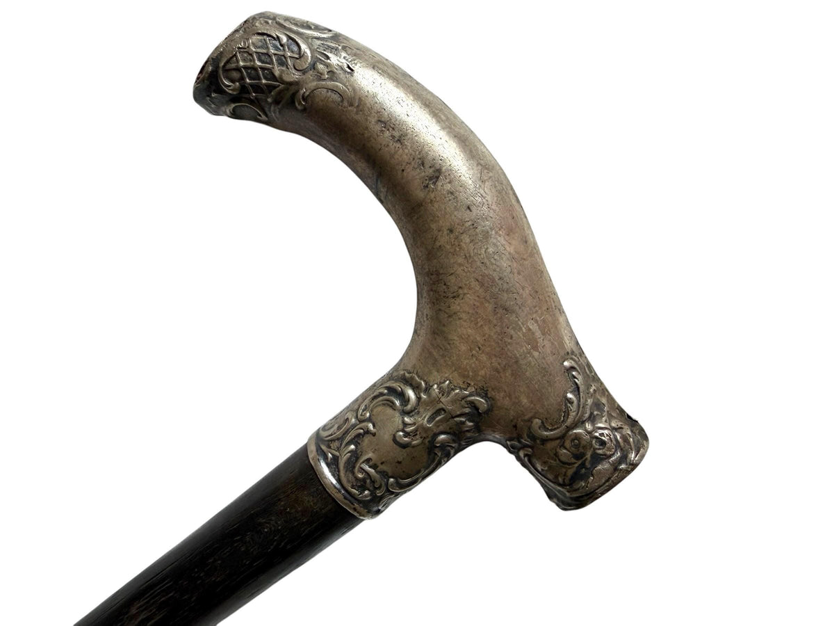 antique walking cane stick with  silver, marked, european collection, gentlemen's flannel stick