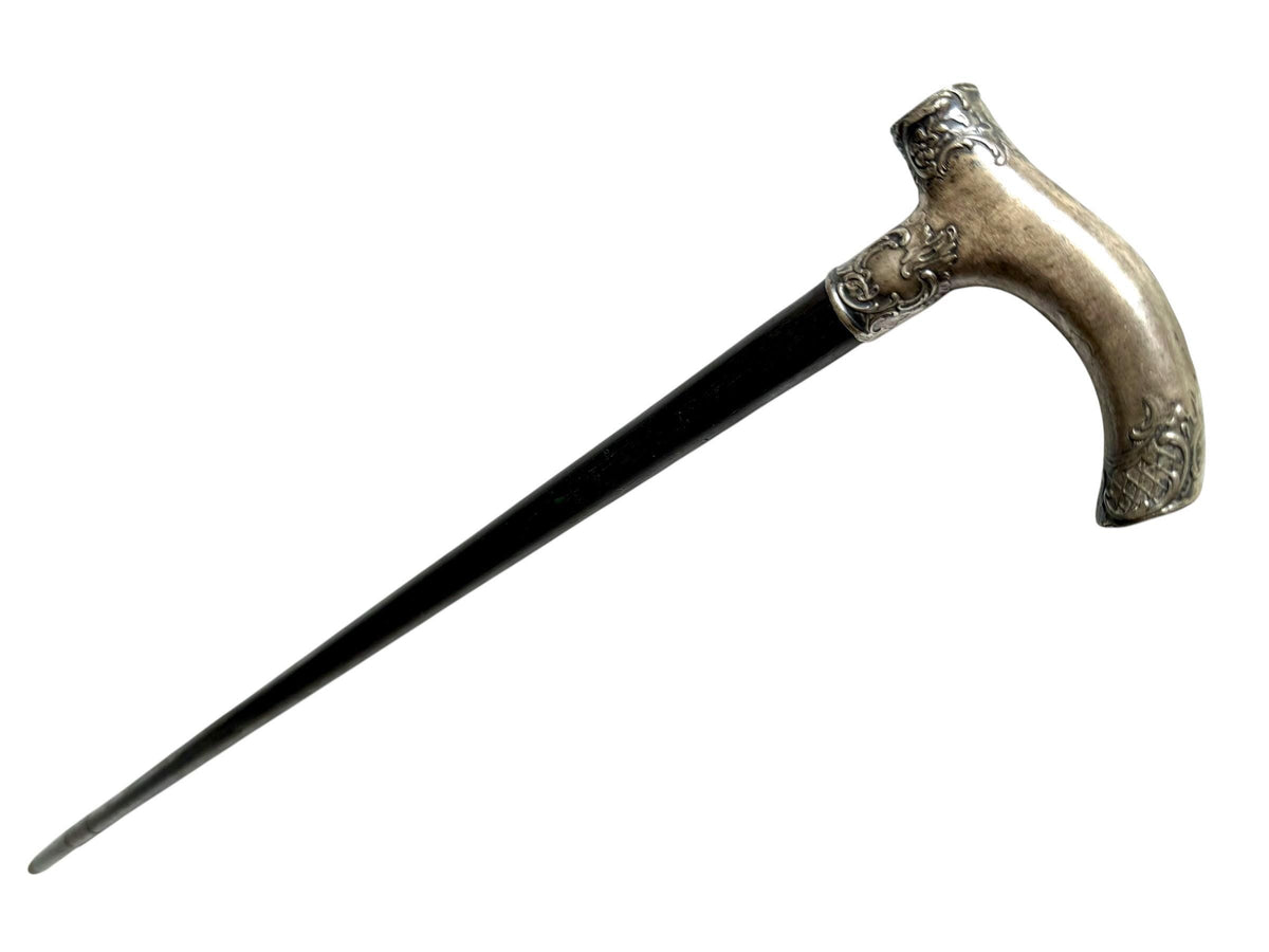 antique walking cane stick with  silver, marked, european collection, gentlemen's flannel stick