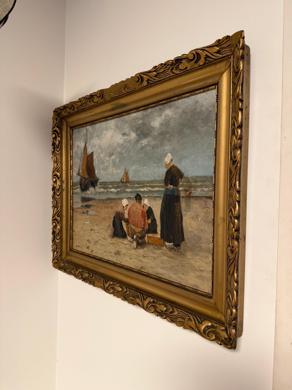 Dutch Hague School Coastal Oil Painting ca 1860-1900 – Fisherwomen on the Beach, Marouflé, 50 x 40 cm