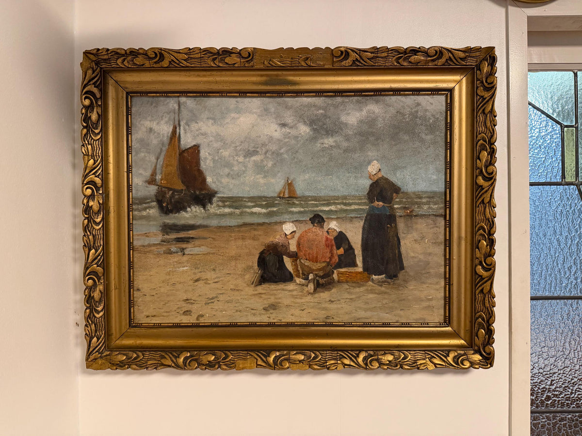 Dutch Hague School Coastal Oil Painting ca 1860-1900 – Fisherwomen on the Beach, Marouflé, 50 x 40 cm