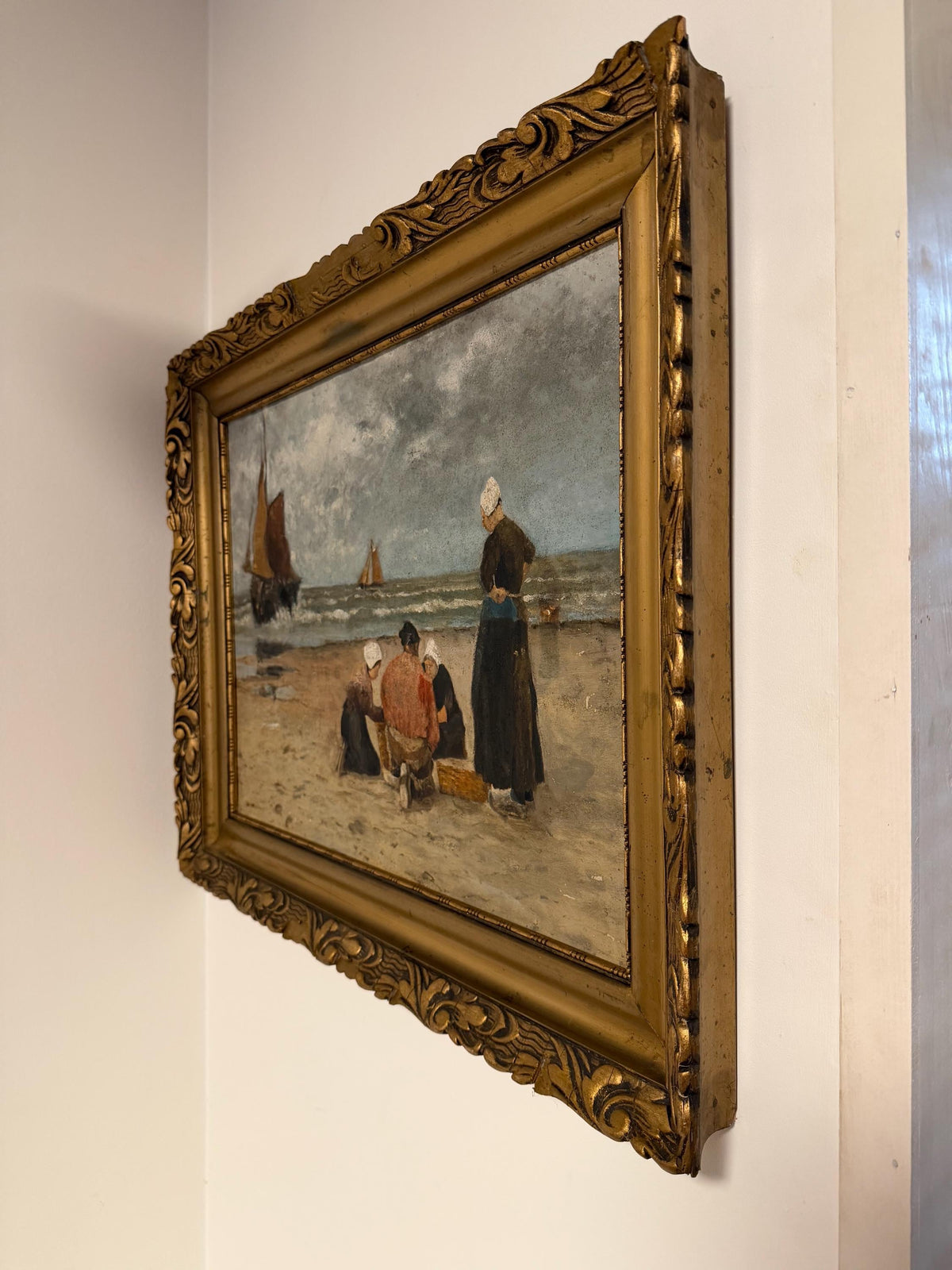 Dutch Hague School Coastal Oil Painting ca 1860-1900 – Fisherwomen on the Beach, Marouflé, 50 x 40 cm