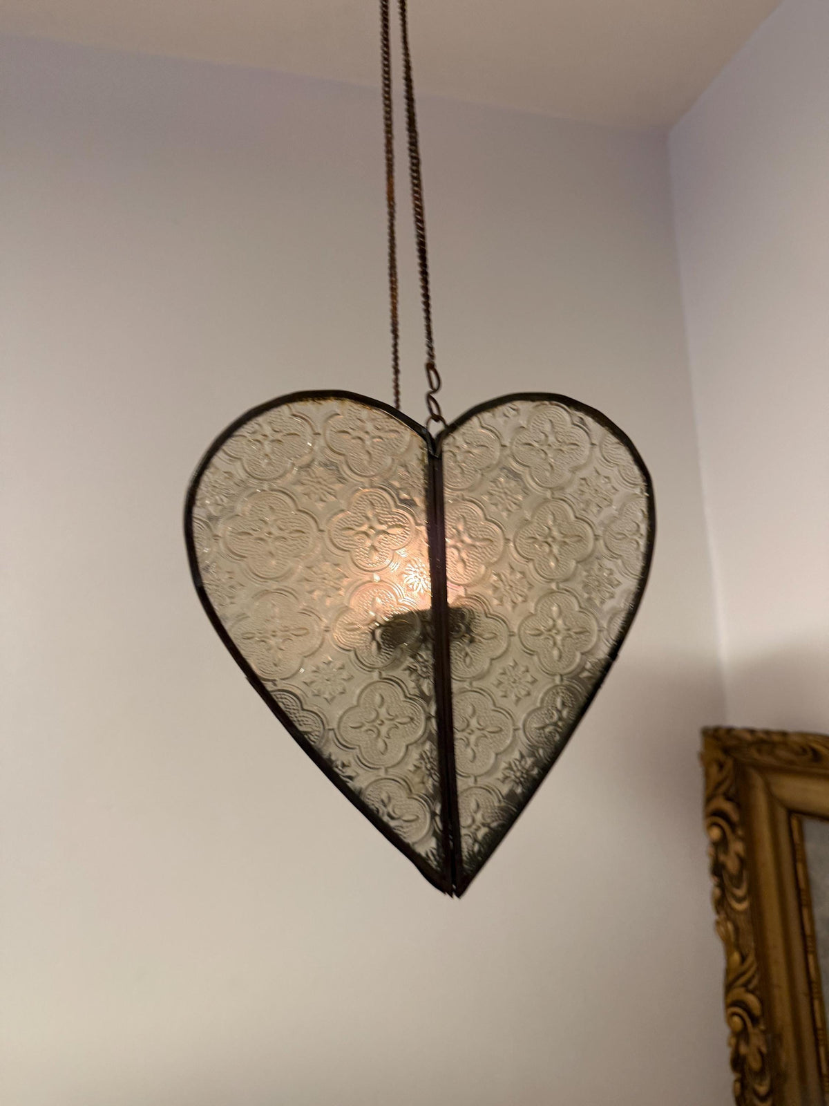 Heart Shaped oriental Hanging  Candle Lantern Pressed Glass Metal Romantic Pendant Candle Holder