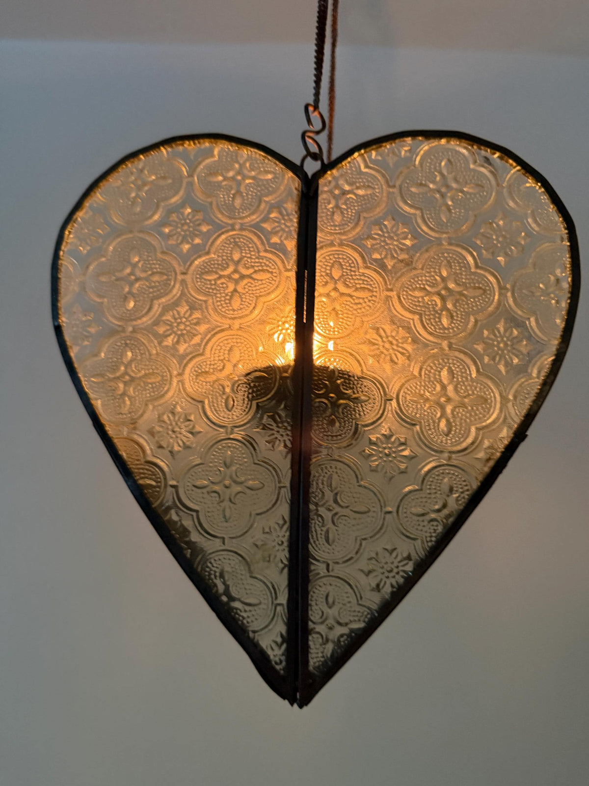 Heart Shaped oriental Hanging  Candle Lantern Pressed Glass Metal Romantic Pendant Candle Holder