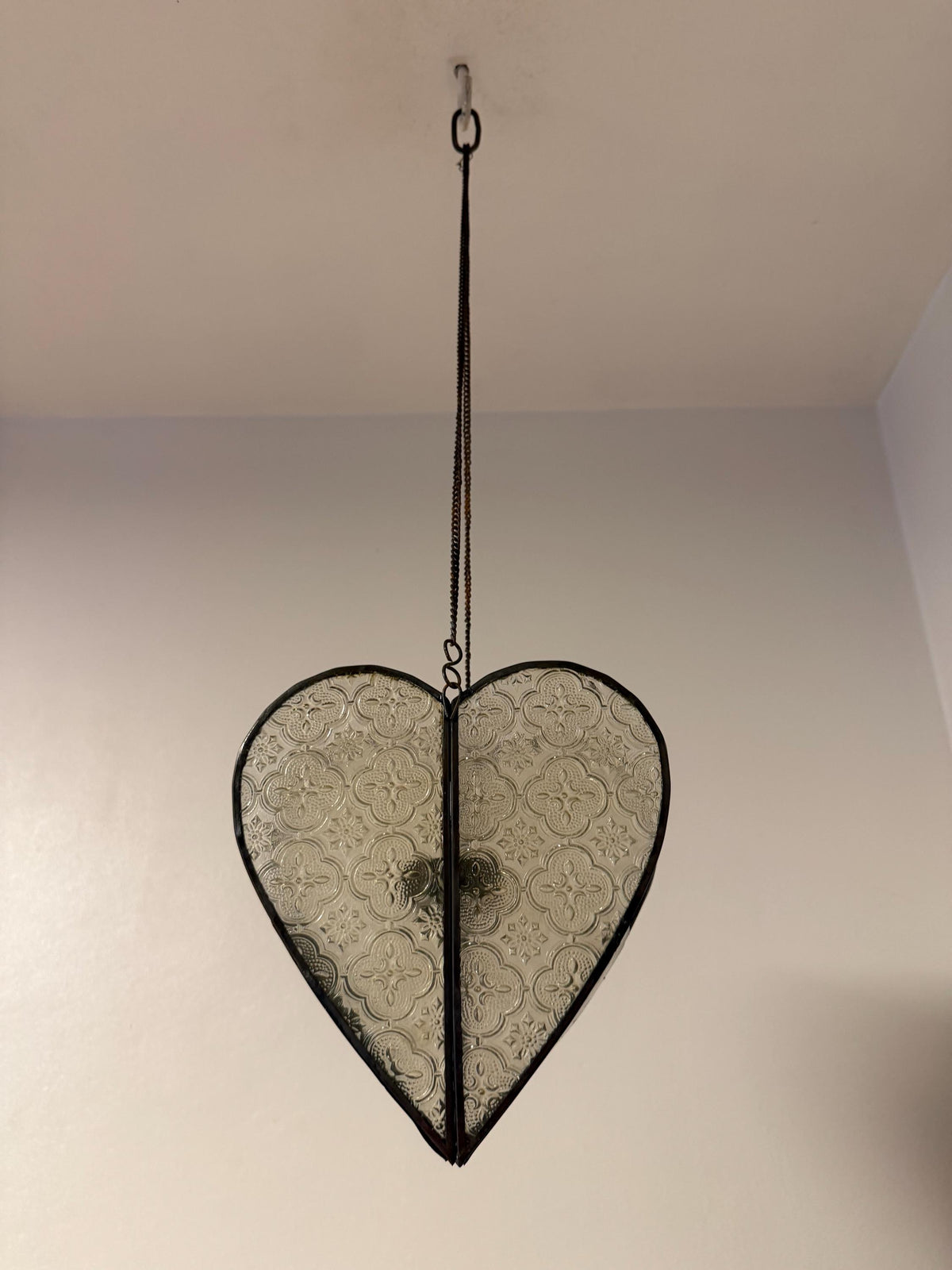 Heart Shaped oriental Hanging  Candle Lantern Pressed Glass Metal Romantic Pendant Candle Holder