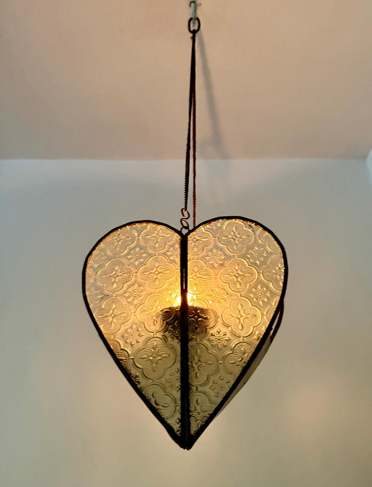 Heart Shaped oriental Hanging  Candle Lantern Pressed Glass Metal Romantic Pendant Candle Holder