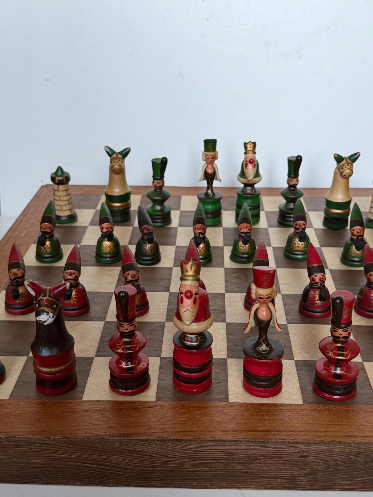 1960s Erzgebirge German Wooden Chess Set Hand Painted Folk Art Chess Checkers Complete Set also dammen and letterbak :) Nutcracker