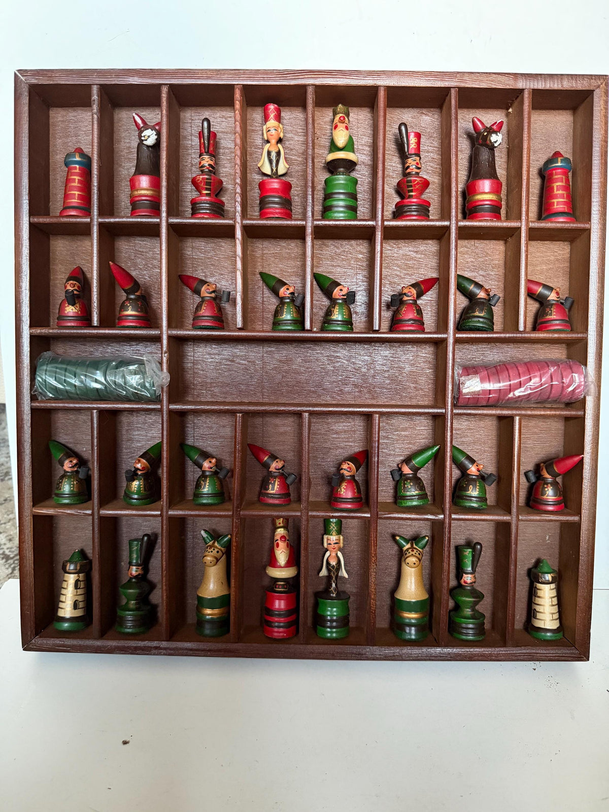 1960s Erzgebirge German Wooden Chess Set Hand Painted Folk Art Chess Checkers Complete Set also dammen and letterbak :) Nutcracker