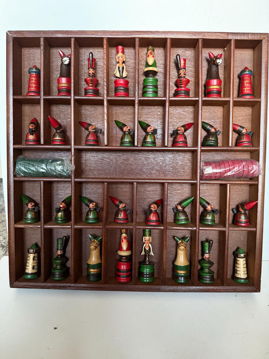 1960s Erzgebirge German Wooden Chess Set Hand Painted Folk Art Chess Checkers Complete Set also dammen and letterbak :) Nutcracker