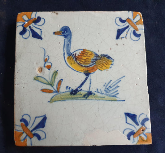 Antique Delft Tile - Polychrome  Bird with lily corner Motifs, Around 1640 animaltile
