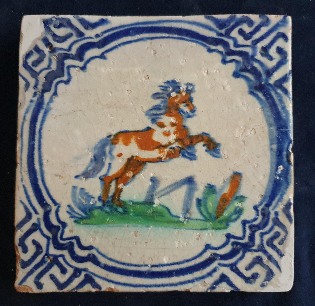 Antique Delft Tile - Polychrome  Horse in motion, Around 1640 Animaltile