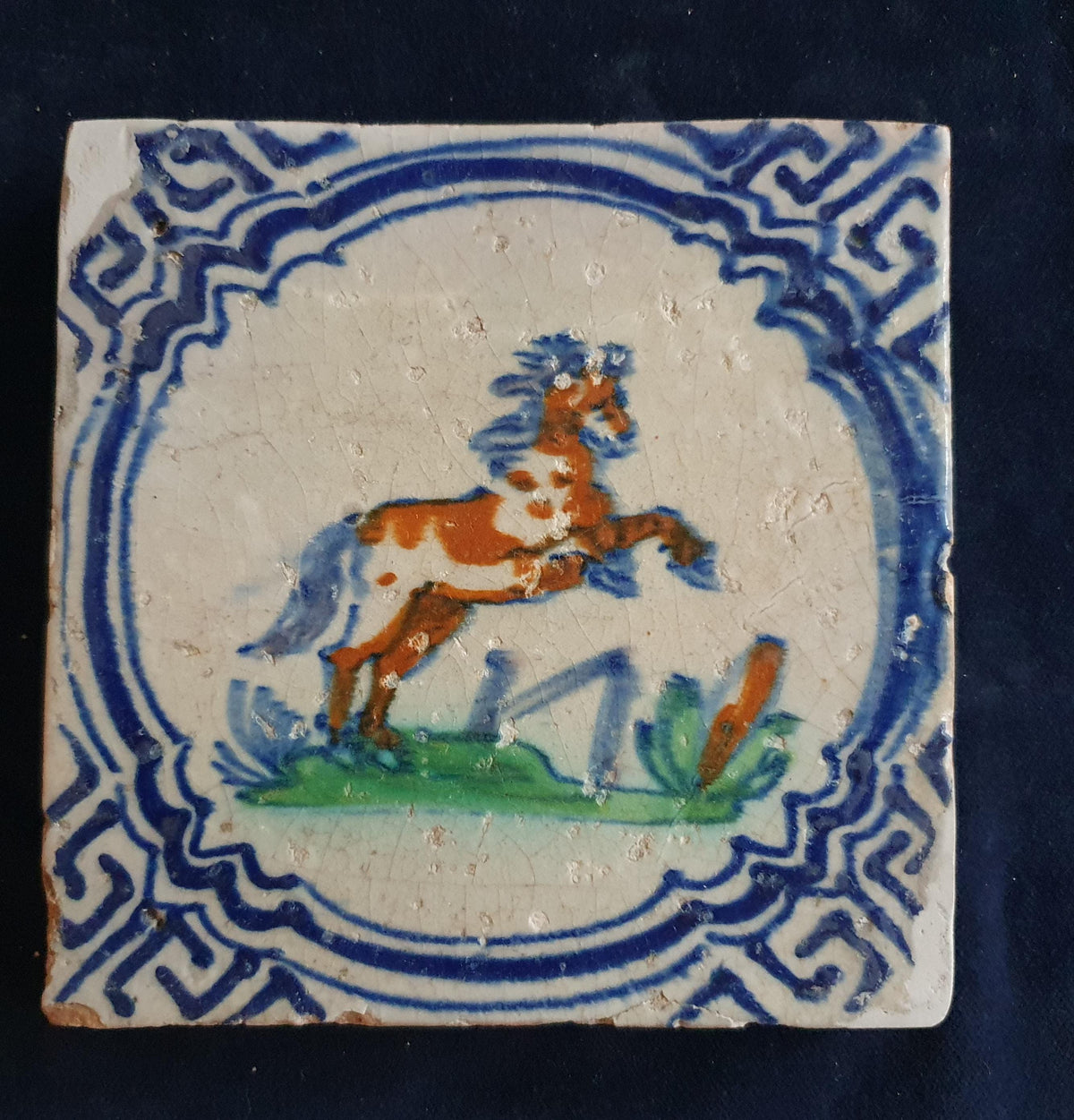 Antique Delft Tile - Polychrome  Horse in motion, Around 1640 Animaltile