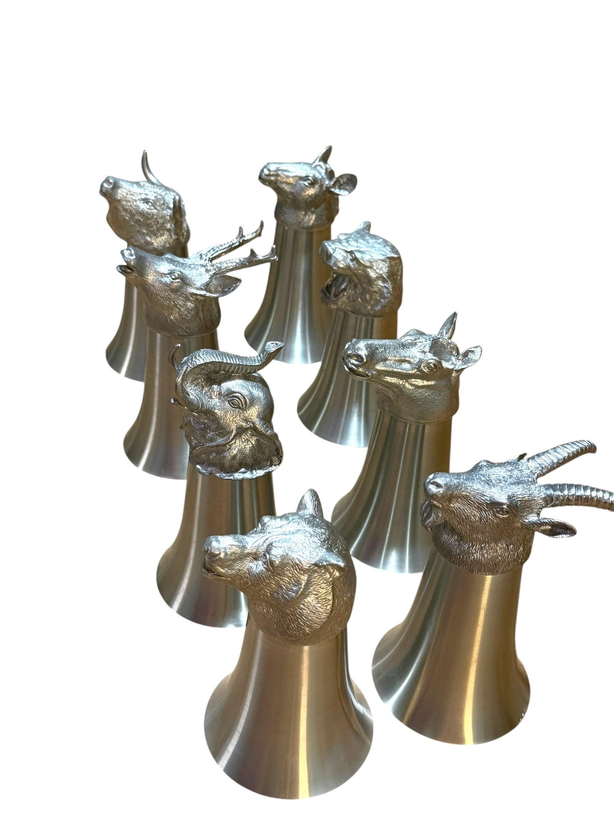 Italian Vintage Animal Head Hunting Cups complete  Set of 8, 1970s Stirrup Cups rare