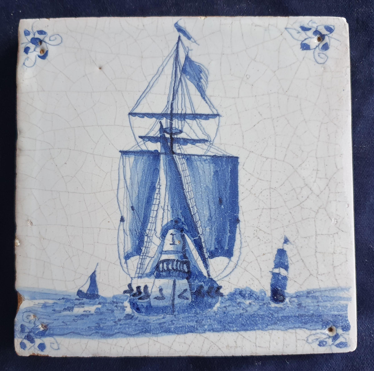 17th-century Delft tile depicts a three-masted ship . around 1660 shiptile