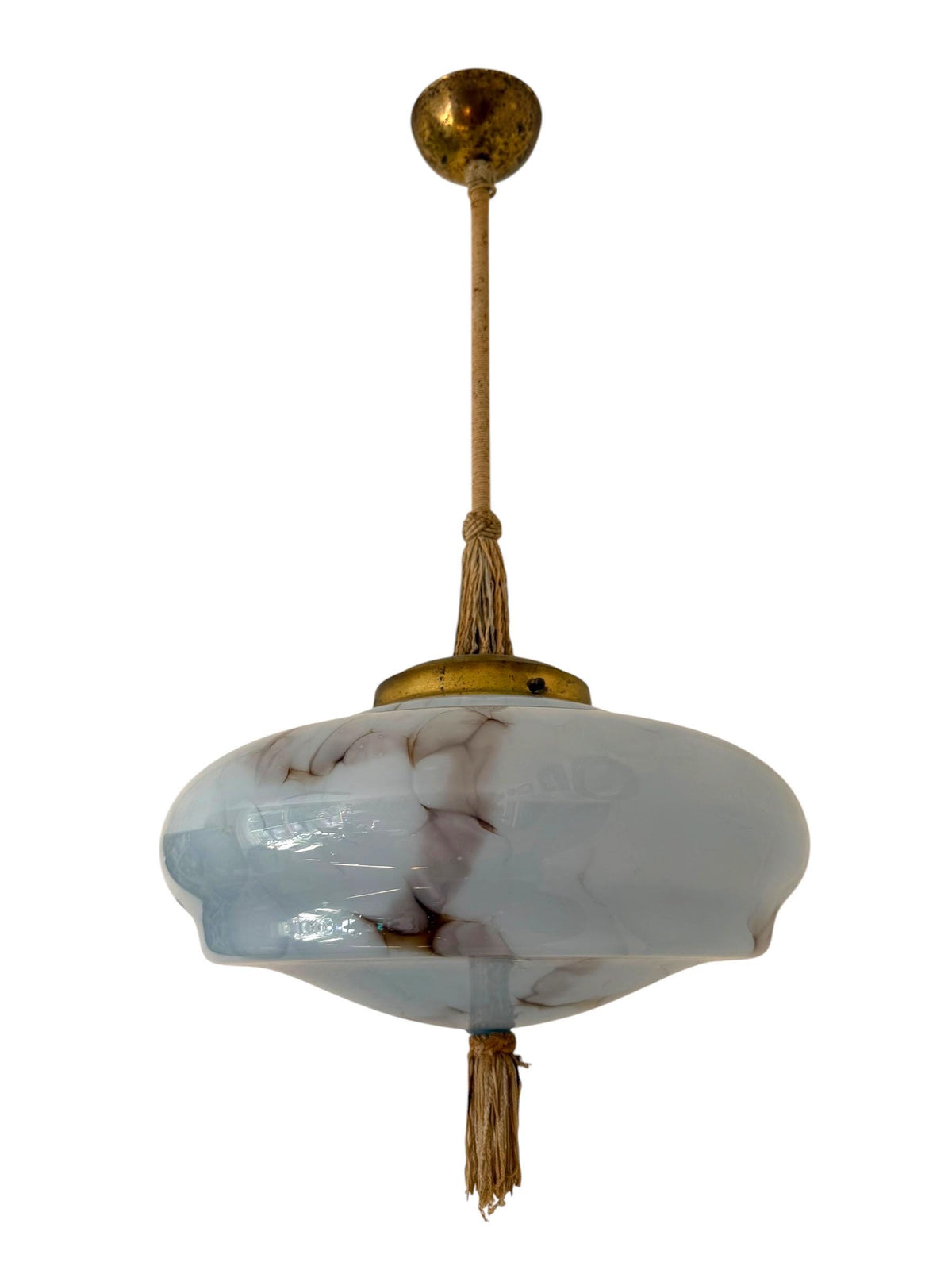 Art deco pastel baby blue charleston ceiling Lamp with Opaline Glass, , c. 1920s  Ceiling lamp hanging , rod
