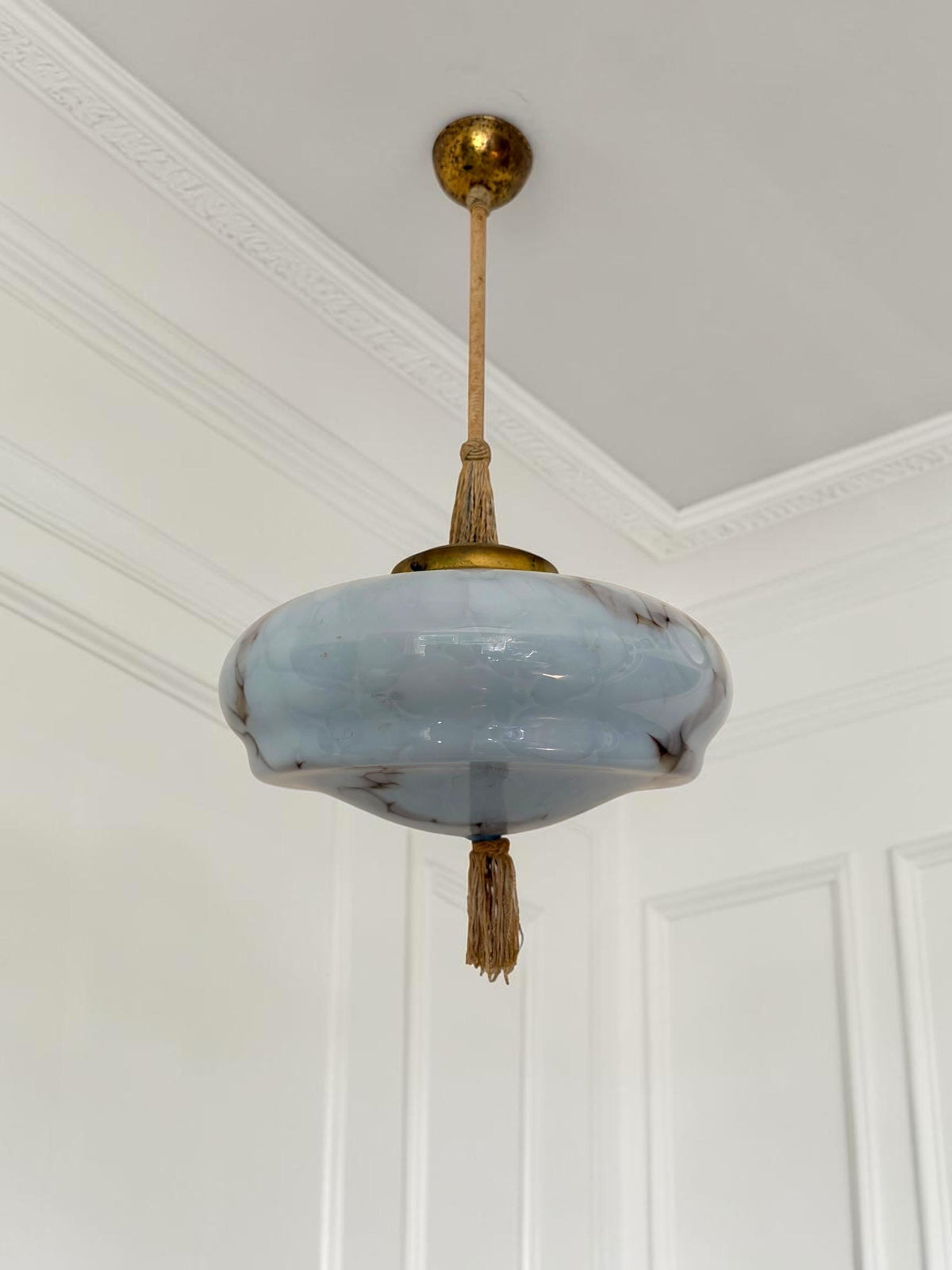 Art deco pastel baby blue charleston ceiling Lamp with Opaline Glass, , c. 1920s  Ceiling lamp hanging , rod