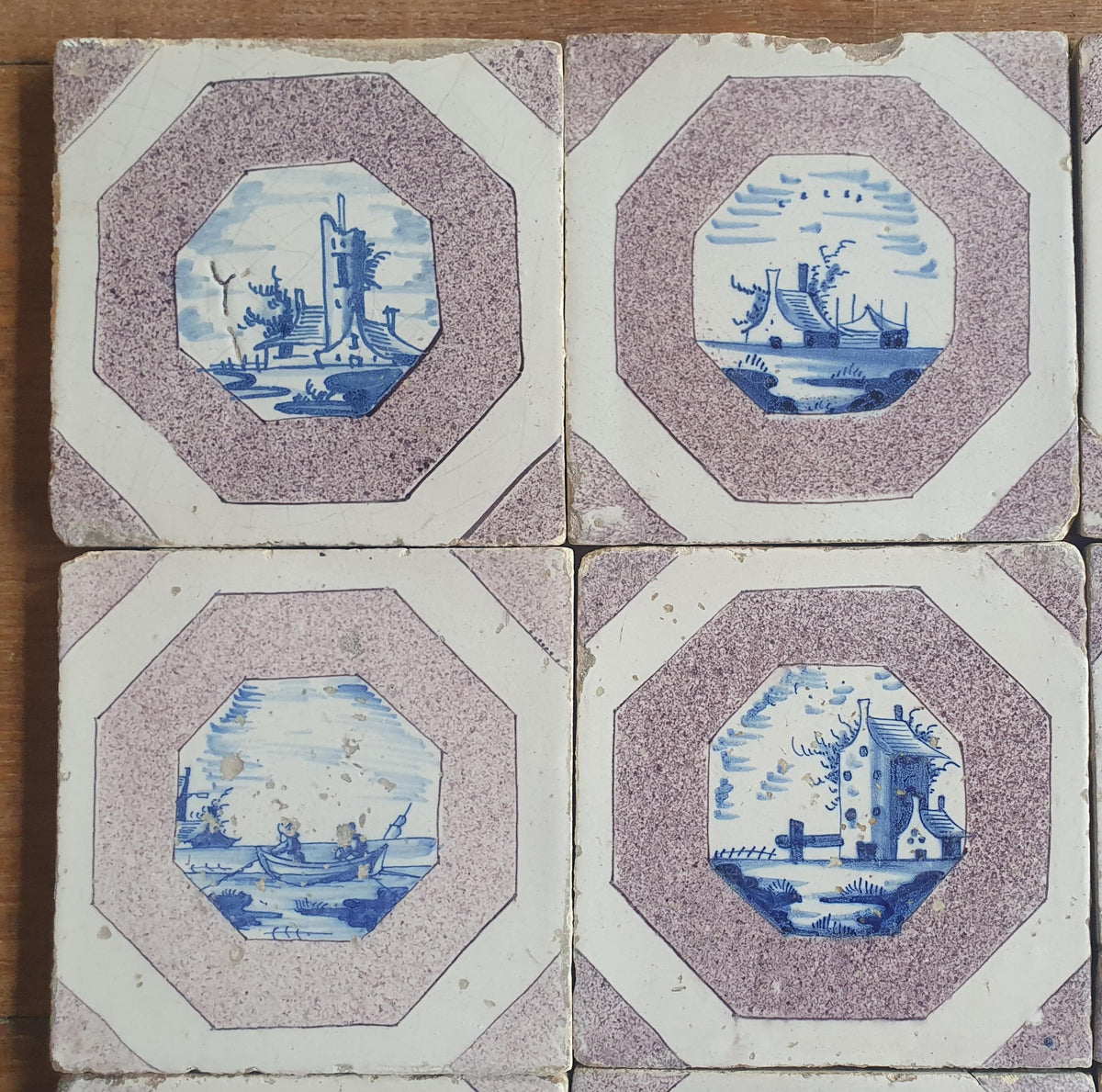 9 x 17th-century Delft tiles (c. 1680) feature landscape scenes painted in blue and manganese Wall tiles