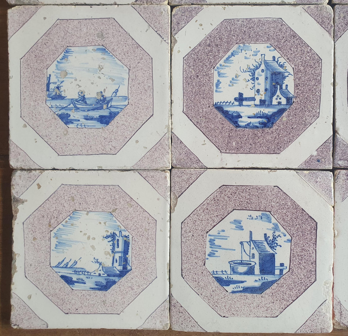 9 x 17th-century Delft tiles (c. 1680) feature landscape scenes painted in blue and manganese Wall tiles
