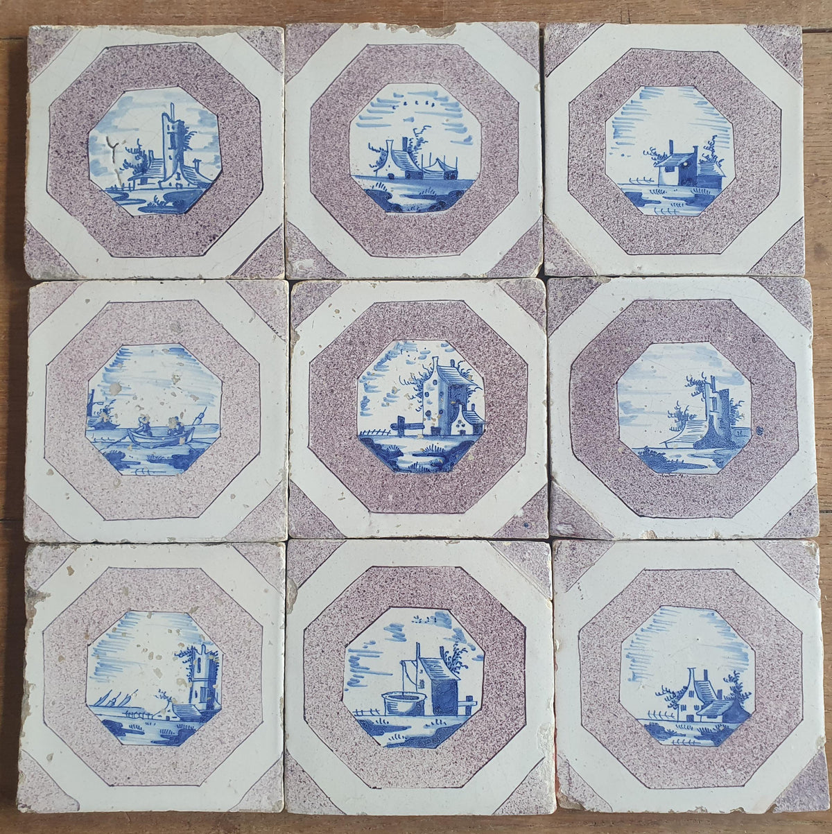 9 x 17th-century Delft tiles (c. 1680) feature landscape scenes painted in blue and manganese Wall tiles