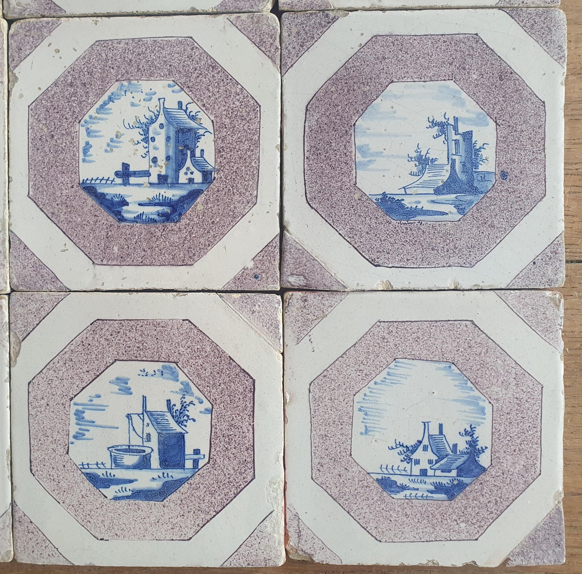9 x 17th-century Delft tiles (c. 1680) feature landscape scenes painted in blue and manganese Wall tiles