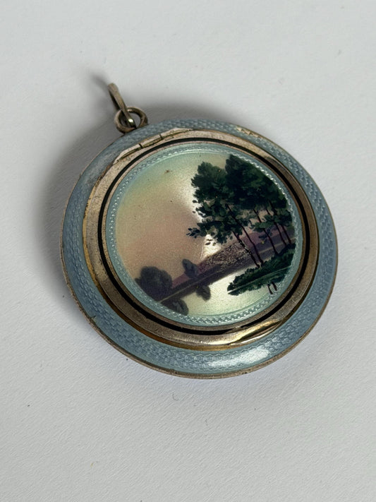 Vintage French Silver Guilloché Enamel Pendant Compact – circa 1930
