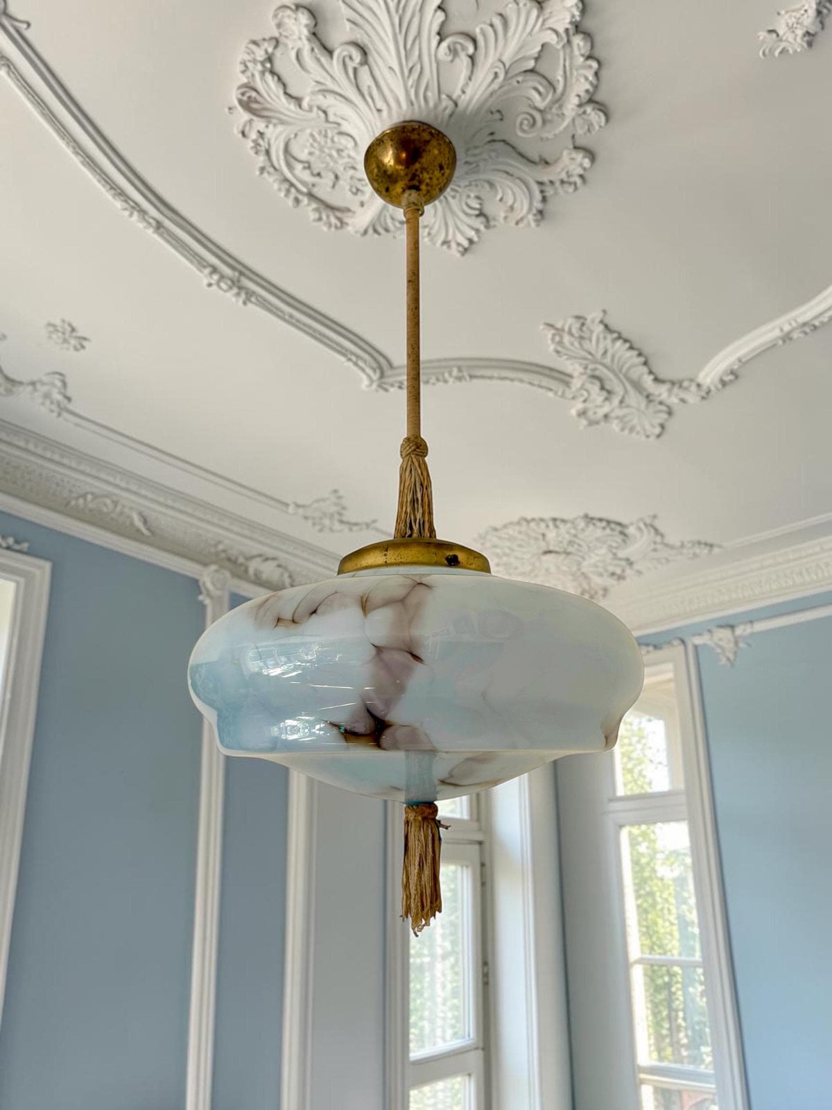 Art deco pastel baby blue charleston ceiling Lamp with Opaline Glass, , c. 1920s  Ceiling lamp hanging , rod