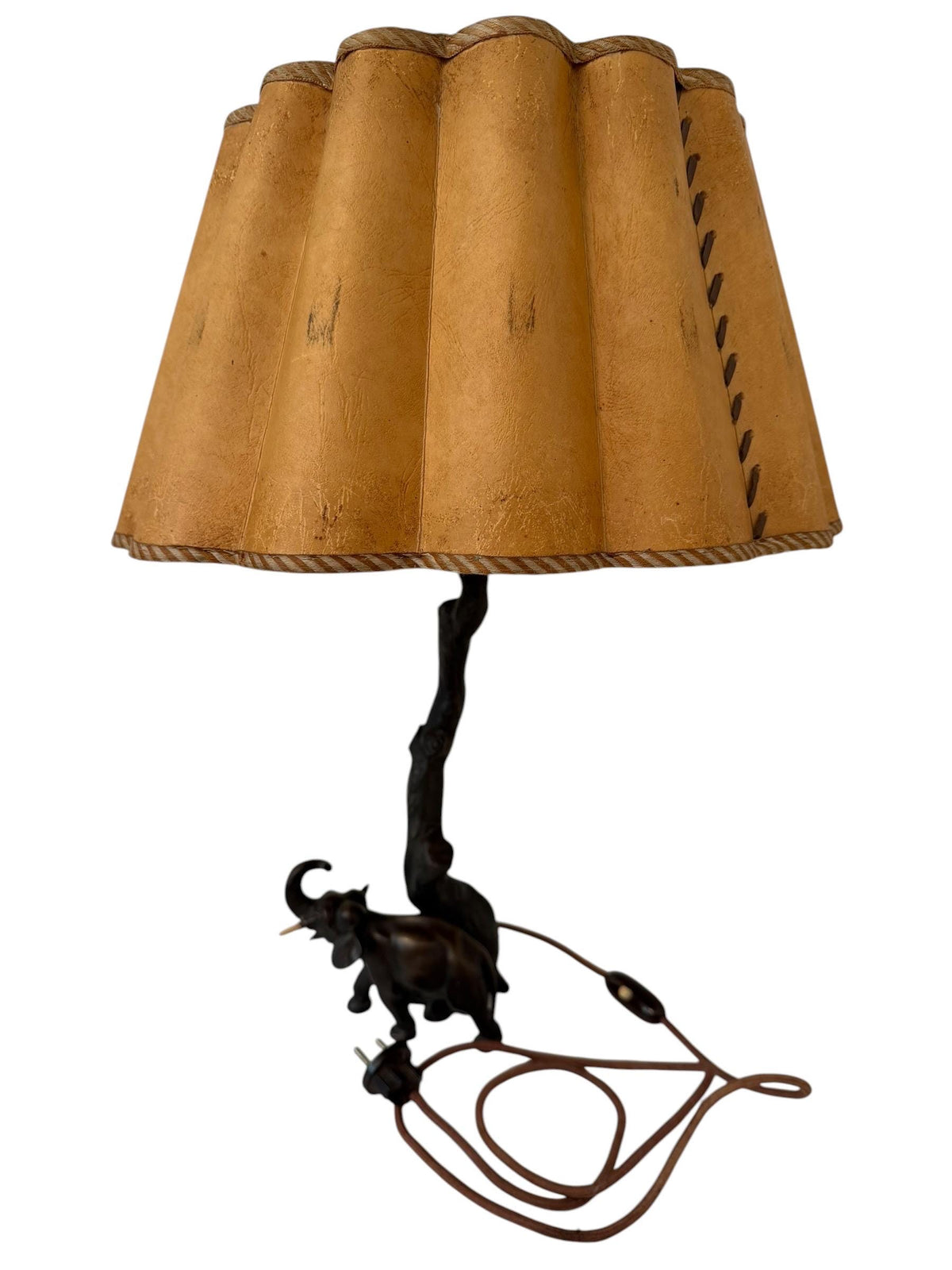 Antique schwarzwald Bronzed Metal Elephant Table Lamp, Black Forest, Germany, circa 1930, with Parchment Shade, Country House Decor
