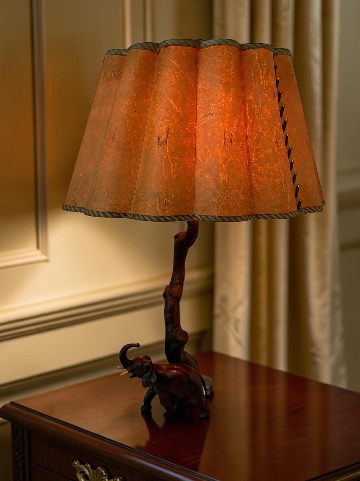 Antique schwarzwald Bronzed Metal Elephant Table Lamp, Black Forest, Germany, circa 1930, with Parchment Shade, Country House Decor