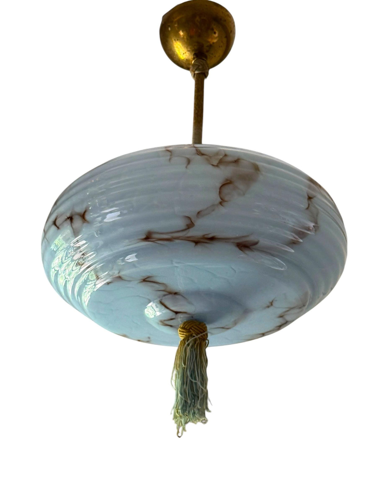 Art deco pastel baby blue charleston ceiling Lamp with Opaline Glass, , c. 1920s  Ceiling lamp hanging , rod