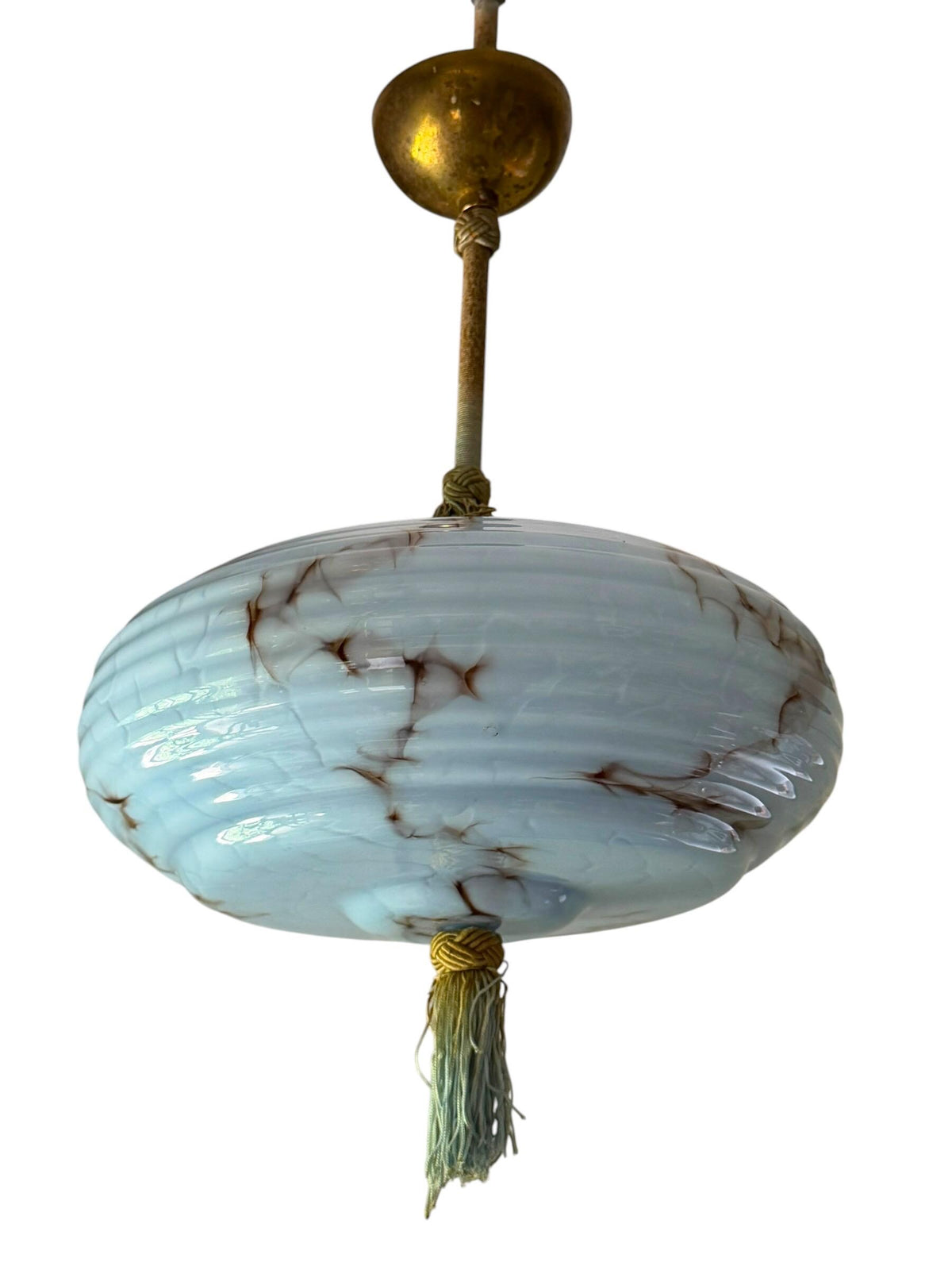 Art deco pastel baby blue charleston ceiling Lamp with Opaline Glass, , c. 1920s  Ceiling lamp hanging , rod