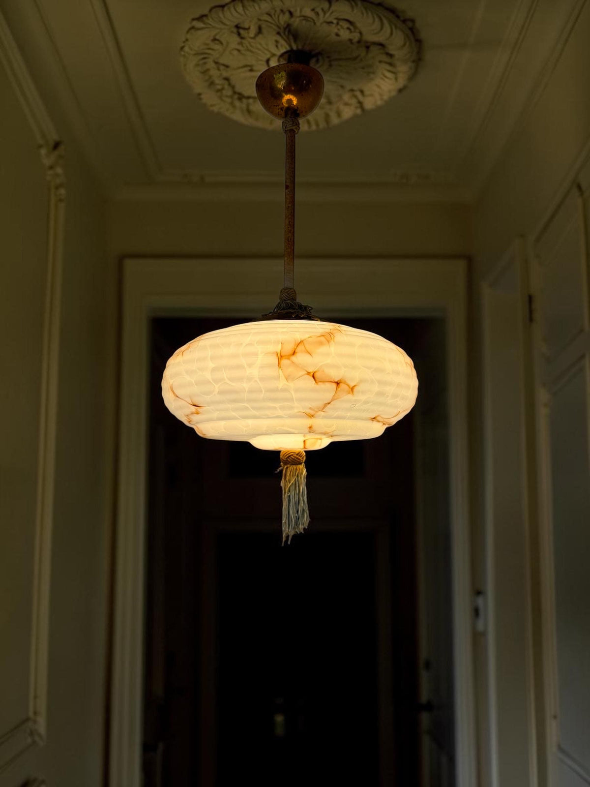 Art deco pastel baby blue charleston ceiling Lamp with Opaline Glass, , c. 1920s  Ceiling lamp hanging , rod